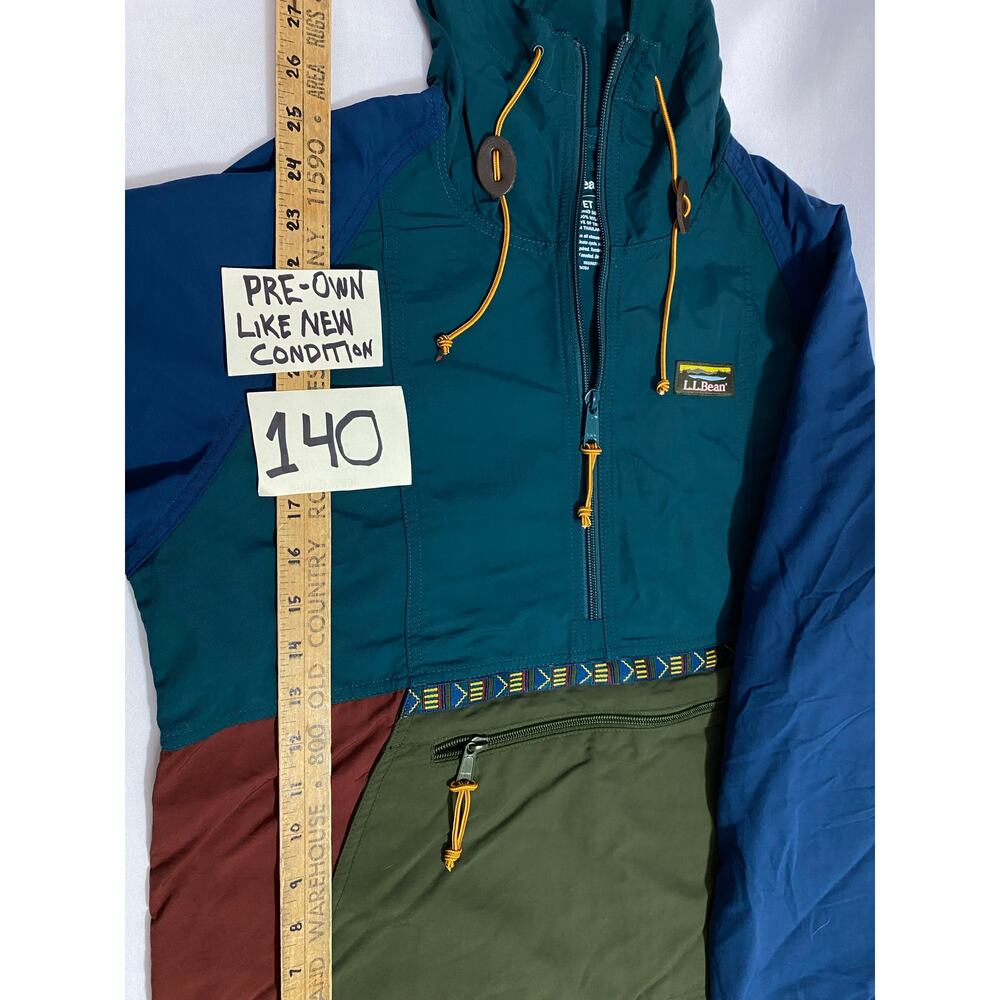 L.L.Bean Colorblock Pullover Jacket Small Petite Blue Green Rust Drawstring Hood - Picture 8 of 8
